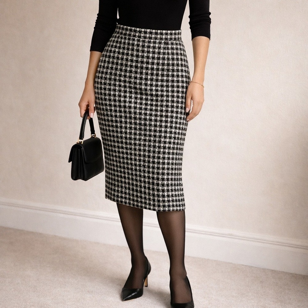 Preston & York Black White Plaid Tweed Pencil Skirt Size 6 Parisian‎ Chic